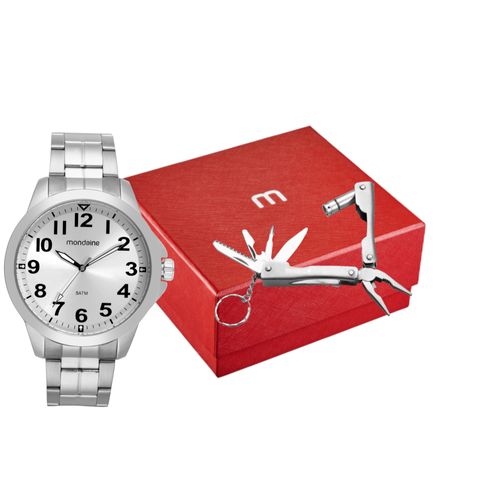 Kit Relógio Masculino Casual Prata Com Canivete Suiço