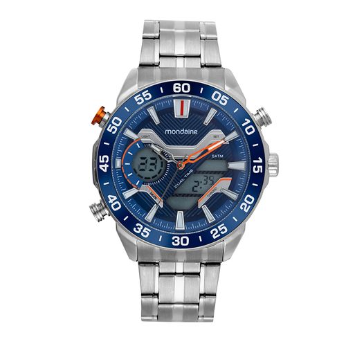 Relógio Masculino Anadigi Prata Com Visor Azul