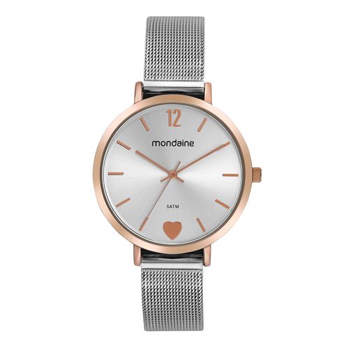 Relógio Feminino Malha de Aço Coração Rosé