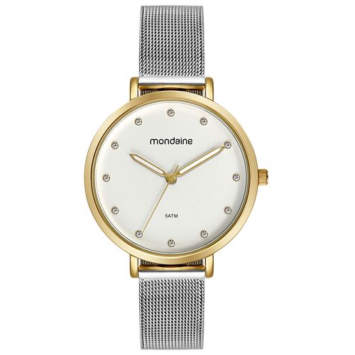 Relógio Feminino Cristais Malha de Aço Prata com Dourado