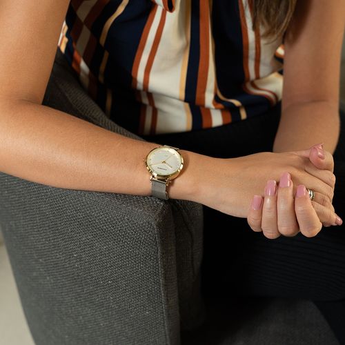 Relógio Feminino Cristais Malha de Aço Prata com Dourado