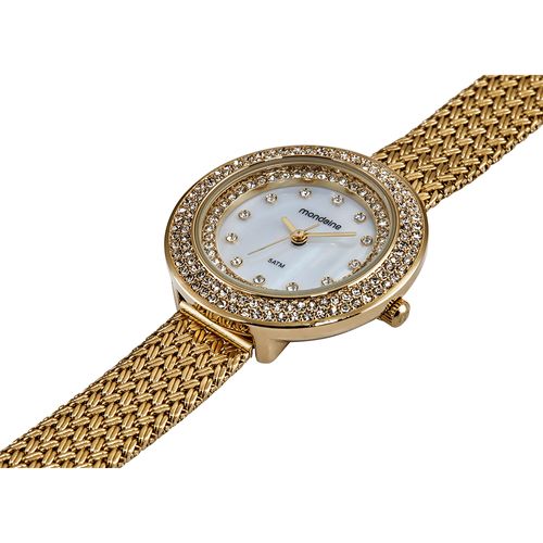 Relógio Feminino Cristais Madrepérola Malha de Aço Dourado
