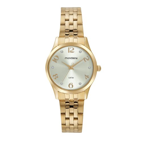 Relógio Feminino Clássico Cristais Visor Metálico Dourado