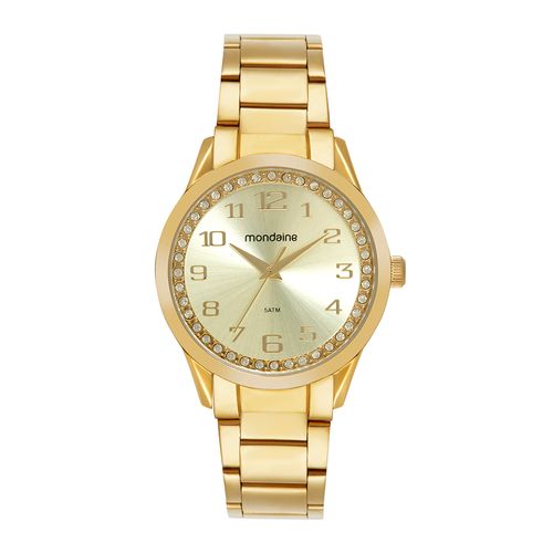 Relógio Feminino Cristais Visor Metálico Dourado