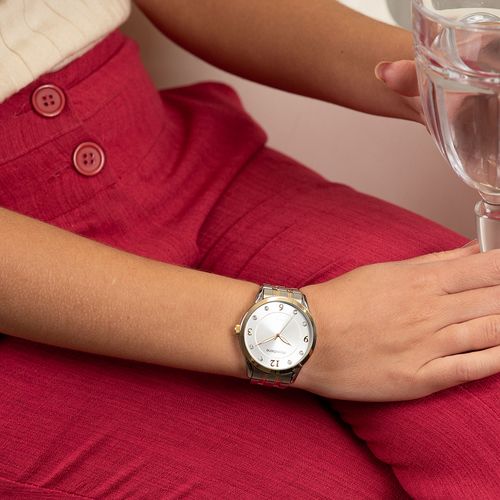 Relógio Feminino Marcadores Glitter Prata e Dourado