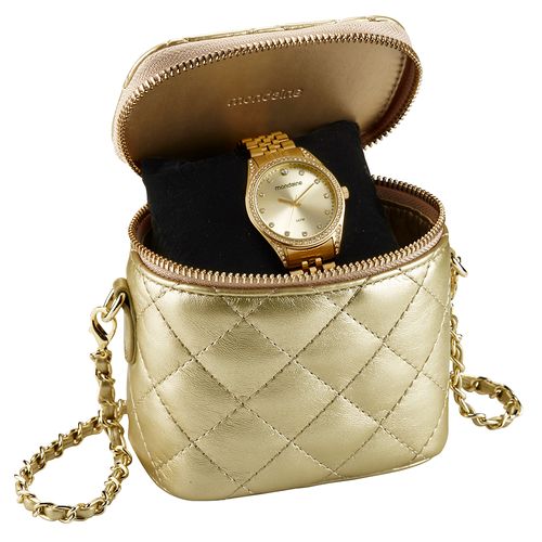 Relógio Feminino Visor Metálico Cristais Dourado