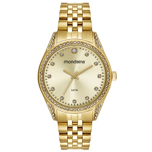 Relógio Feminino Visor Metálico Cristais Dourado