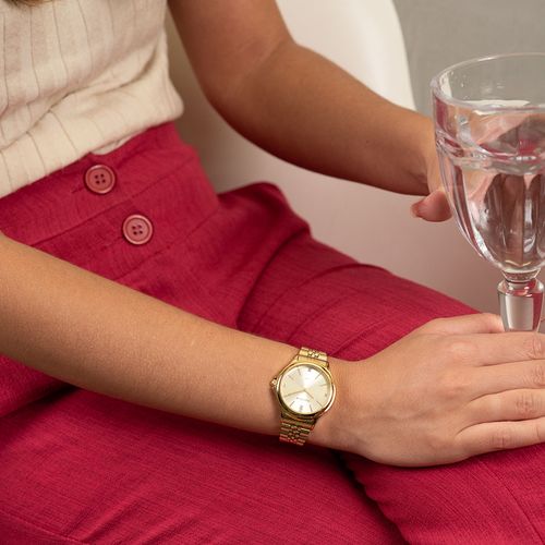 Relógio Feminino Cristais Dourado Com Porta-Joia Com Espelho