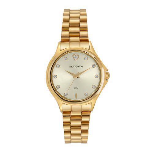 Relógio Feminino Cristais e Coração Dourado Com Porta-Joia Com Espelho