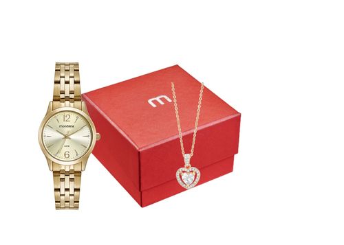 Kit Relógio Feminino Cristais Dourado Com Colar de Pedras