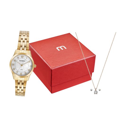 Kit Relógio Feminino Madrepérola Dourado Com Colar e Brinco Ponto de Luz