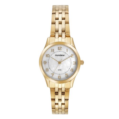 Kit Relógio Feminino Madrepérola Dourado Com Colar e Brinco Ponto de Luz