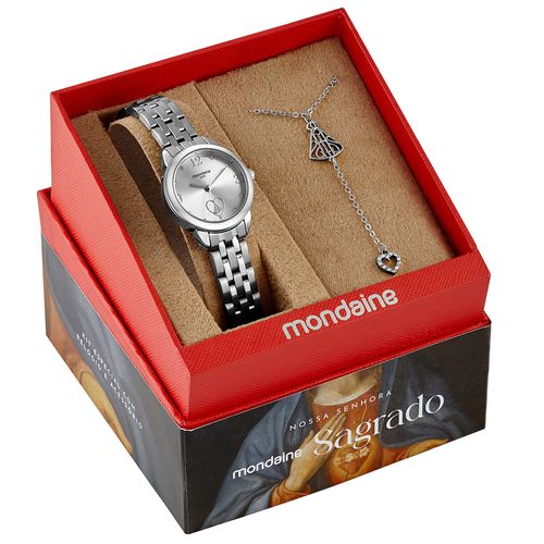 Kit Relógio Feminino Prata Nossa Senhora Aparecida