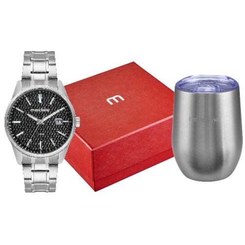 Kit Relógio Masculino Casual Prata Com Copo Térmico