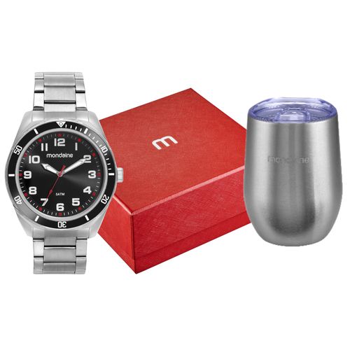 Kit Relógio Masculino Clássico Prata Com Copo Térmico