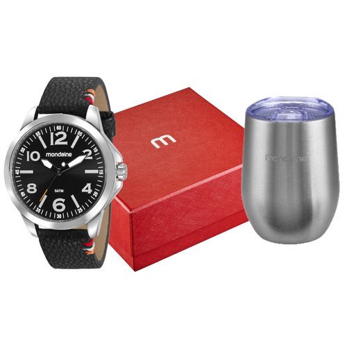 Kit Relógio Masculino Casual Prata Com Copo Térmico