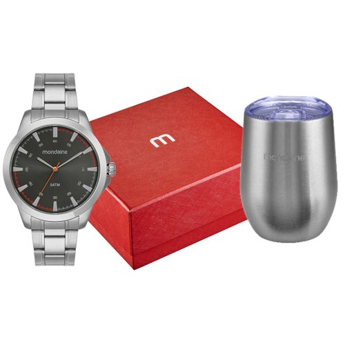 Kit Relógio Masculino Prata Casual Com Copo Térmico