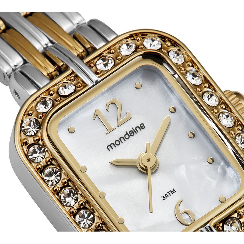 Relógio Feminino Quadrado Madrepérola Cristais Bicolor