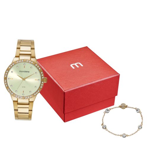 Kit Relógio Feminino Cristais Dourado Com Pulseira de Pedras