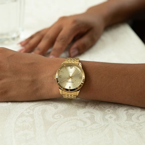 Relógio Feminino Dourado Caixa Serrilhada Estojo Mini Bolsa