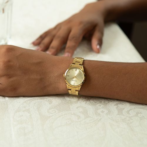 Relógio Feminino Casual Dourado Estojo Mini Bolsa