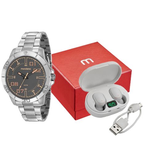 Kit Relógio Masculino Robusto Prata Com Fone Bluetooth