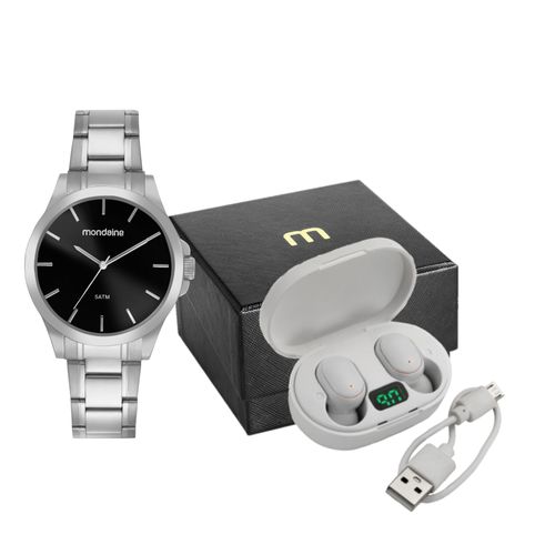 Kit Relógio Masculino Social Prata Com Fone Bluetooth