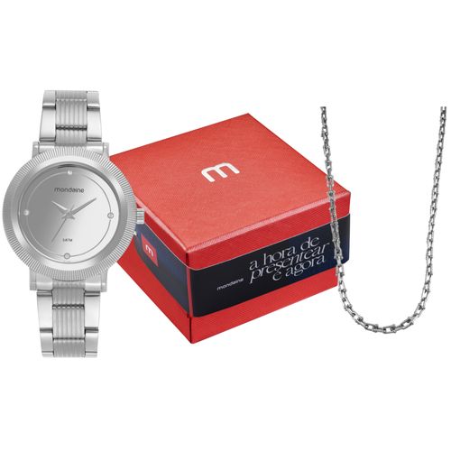 Kit Relógio Feminino Prata Espelhado com Colar