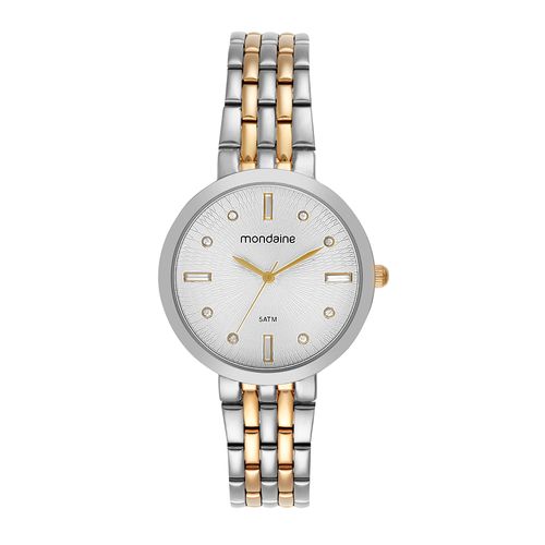 Relógio Feminino Bicolor Cristais Prata e Dourado