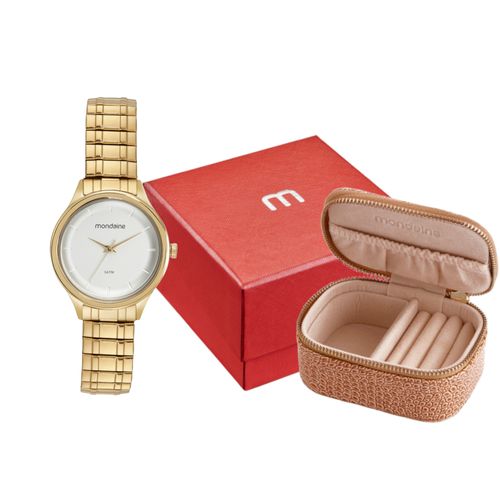 Kit Relógio Feminino Minimalista Dourado com Porta-Jóias