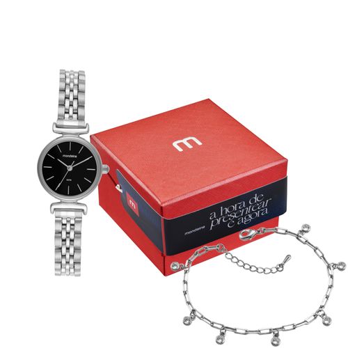 Kit Relógio Feminino Cromado Pequeno Pulseira de cristais