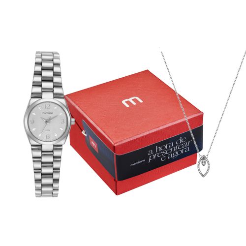 Kit Relógio Feminino Cromado Aço Escovado com Colar Cristais