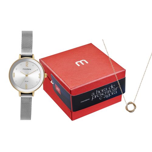 Kit Relógio Feminino Malha de Aço Prata Colar de cristal