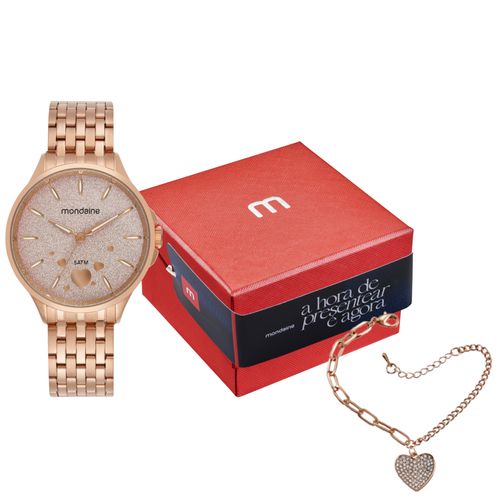 Kit Relógio Feminino Rosé Glitter Bracelete de Coração