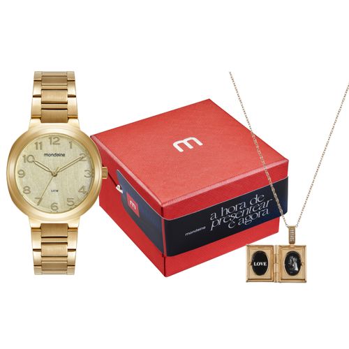 Kit Relógio Feminino Dourado Textura Metálica Escapulário
