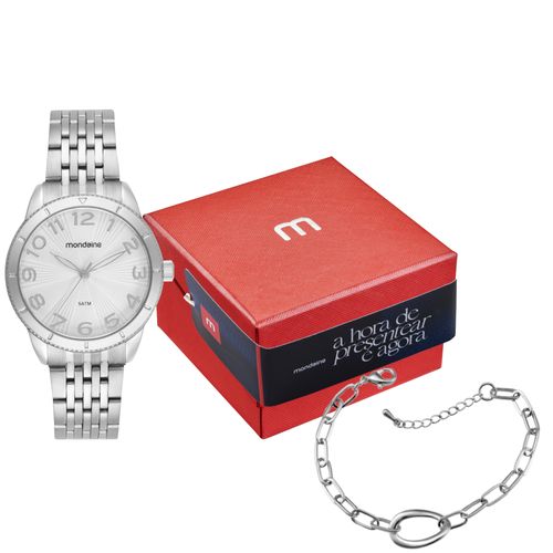 Kit Relógio Feminino Textura Cromado com Pulseira