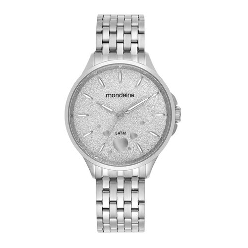 Kit Relógio Feminino Cromado Glitter Bracelete de Coração