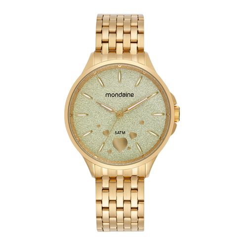 Kit Relógio Feminino Dourado Glitter Bracelete de Coração