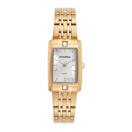 Kit Relógio Feminino Quadrado Cristal Dourado com Colar