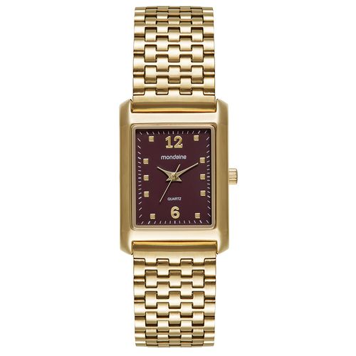 Relógio Feminino Dourado Quadrado Mostrador Vermelho