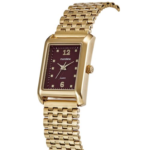 Relógio Feminino Dourado Quadrado Mostrador Vermelho
