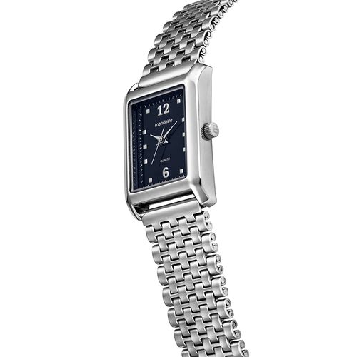 Relógio Feminino Prata Quadrado Mostrador Azul Esmaltado