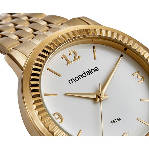 Relógio Feminino Dourado Catraca Serrilhada Mostrador Branco