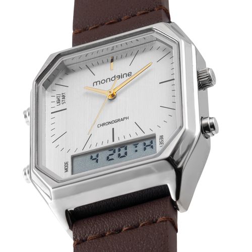 Relógio Masculino Prata Anadigi Couro Vintage Marrom