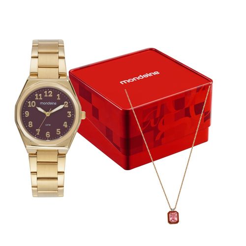 Kit Relógio Feminino Dourado Mostrador Esmaltado