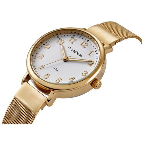 Relógio Feminino Dourado Malha Mostrador Branco