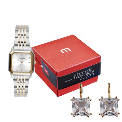 Kit Relógio Feminino Bicolor Quadrado Prata e Vidro Facetado