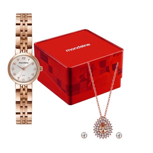 Kit Relógio Feminino Mondaine Rose Gold Aço com Colar