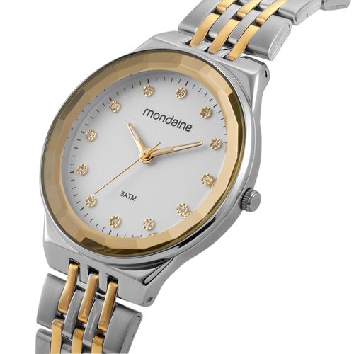 Relógio Feminino Bicolor Caixa Média e Vidro Facetado