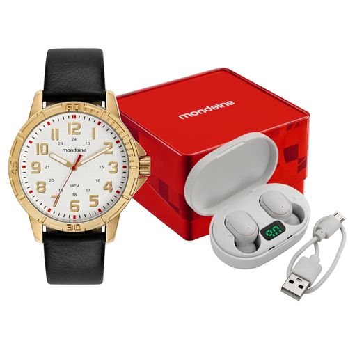 Kit Relógio Masculino Couro Sintético Fone de Ouvido